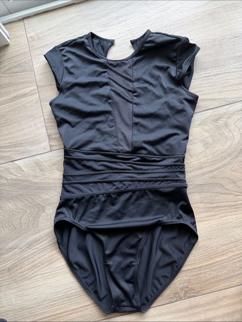 balera Black Girls' Short Sleeve Dance Bodysuit/leo with Mesh Insets